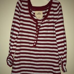 Hollister red and white striped v neck long sleeve
